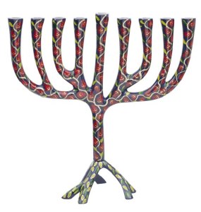 Picture of Yair Emanuel Metal Candle Menorah Pomegranate Painted Design Tripod Base XL Size Multicolor 12.8"